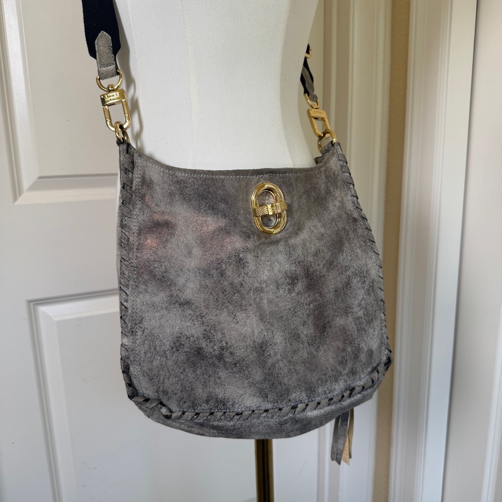 Aimee Kestenberg Distressed Grey Shimmer Suede Crossbody Bag, Removable Strap - Picture 2 of 16